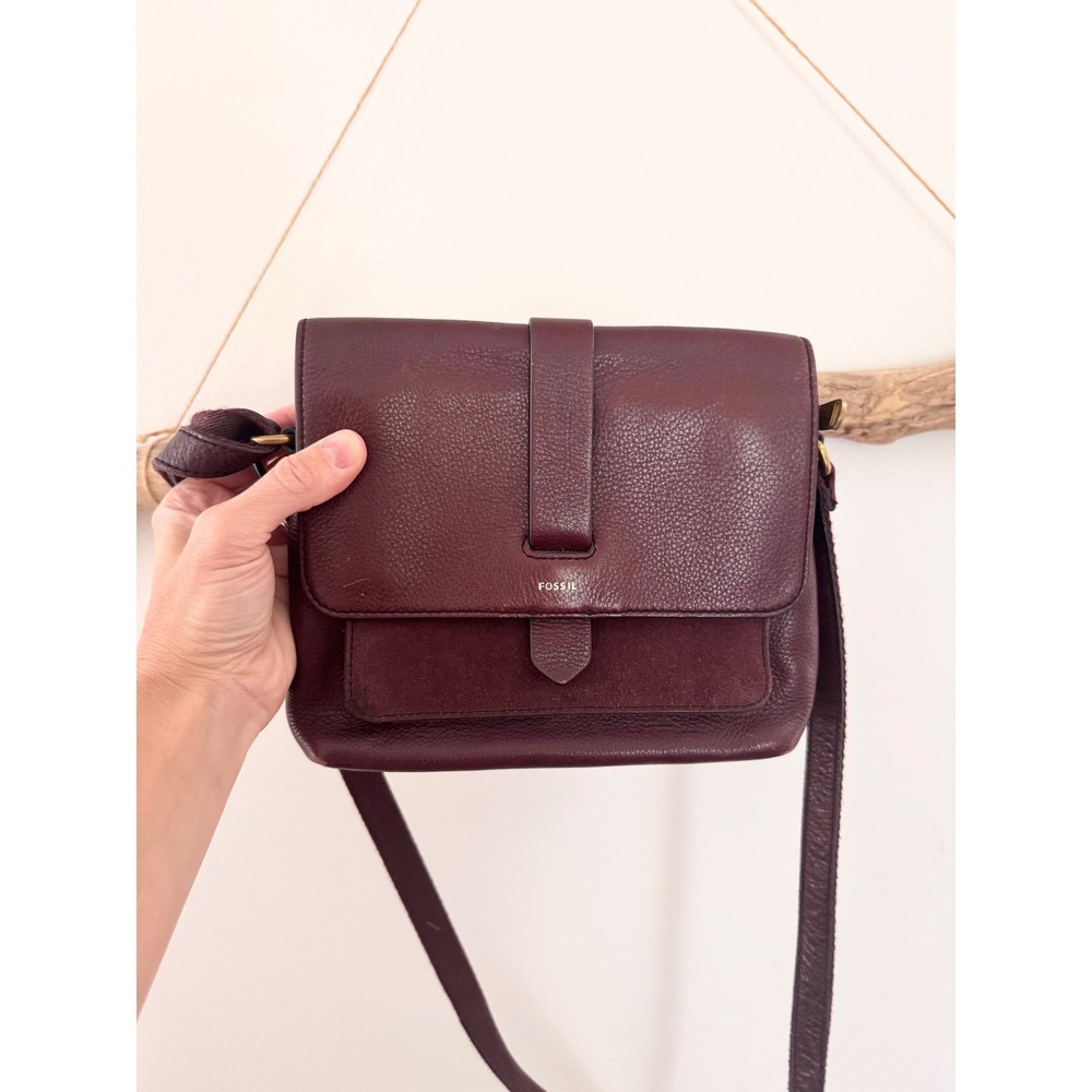 Fossil Burgundy Pebbled Leather Suede Flap Crossbody Bag Maroon Gold Hardware